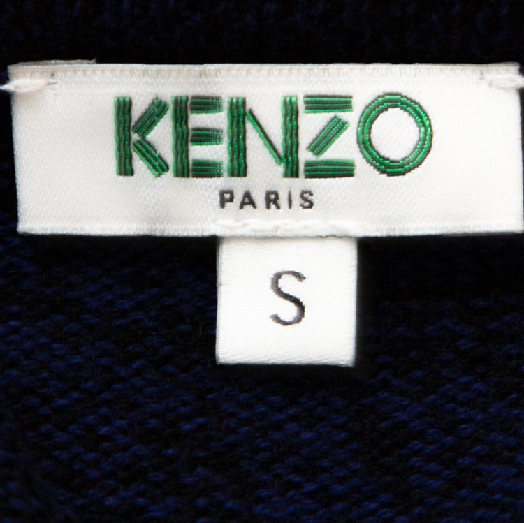 Pre Owned Kenzo Blue Tiger & Logo Embroidered Wool Melange Sweater S