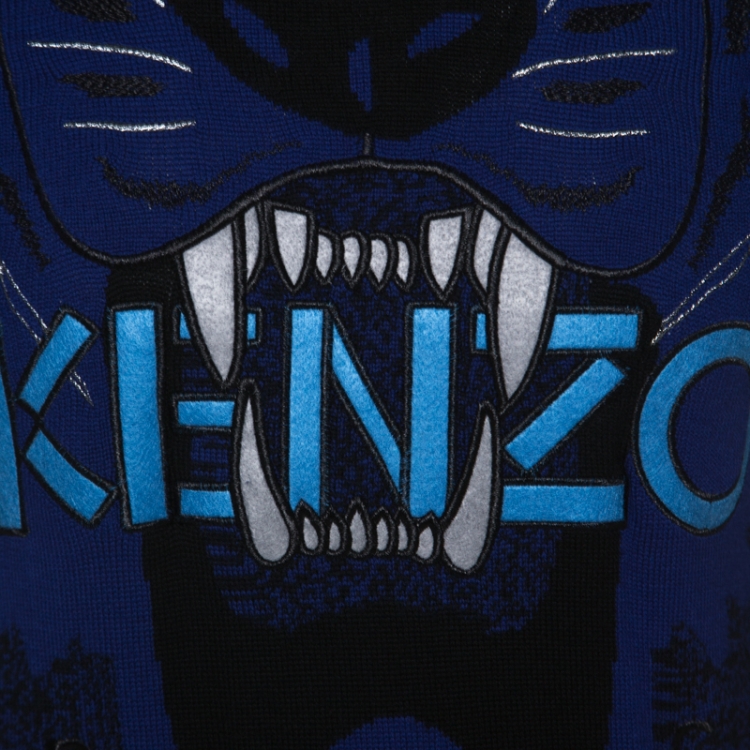 Pre Owned Kenzo Blue Tiger & Logo Embroidered Wool Melange Sweater S