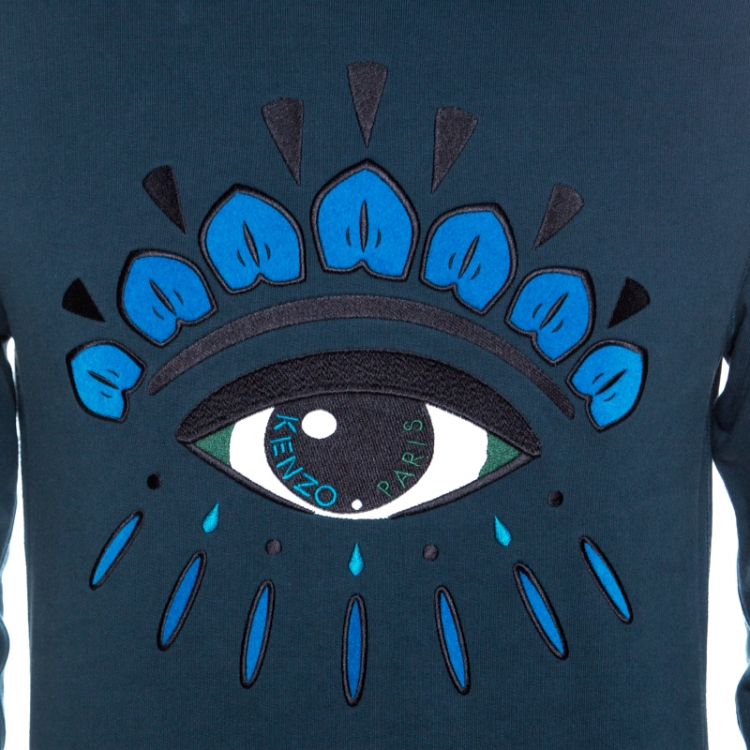 Pre Owned Kenzo Teal Blue Eye Motif Embroidered Knit Sweatshirt M