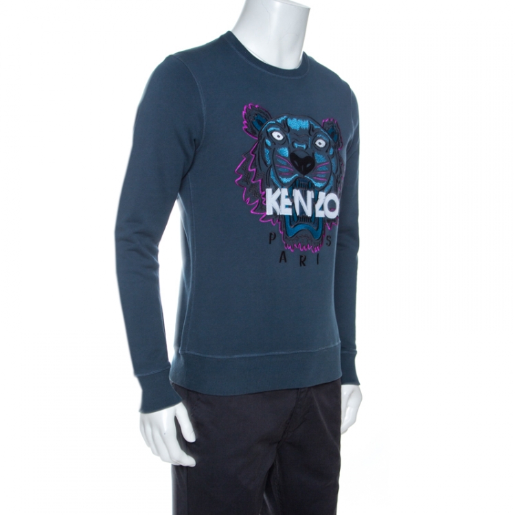 Pre Owned Kenzo Teal Blue Tiger & Logo Embroidered Knit Sweatshirt S