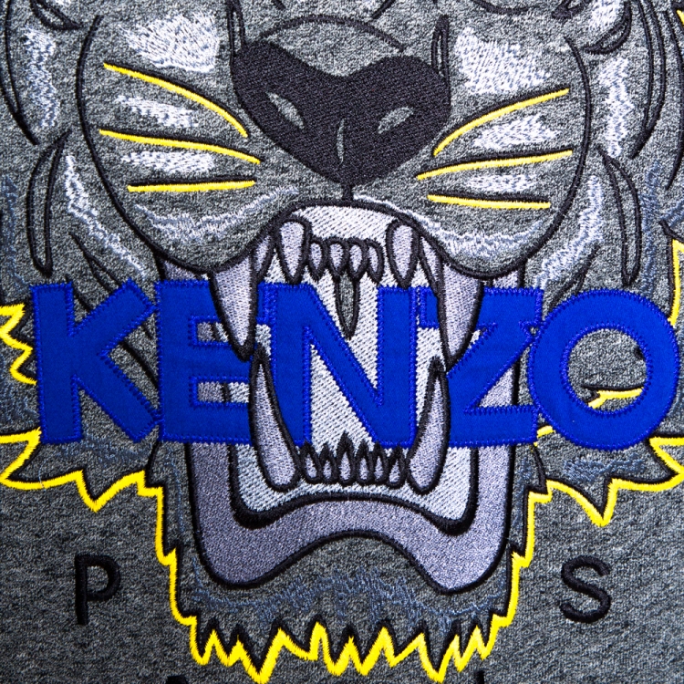 Pre Owned Kenzo Grey Tiger Embroidered Marl Knit Sweatshirt S