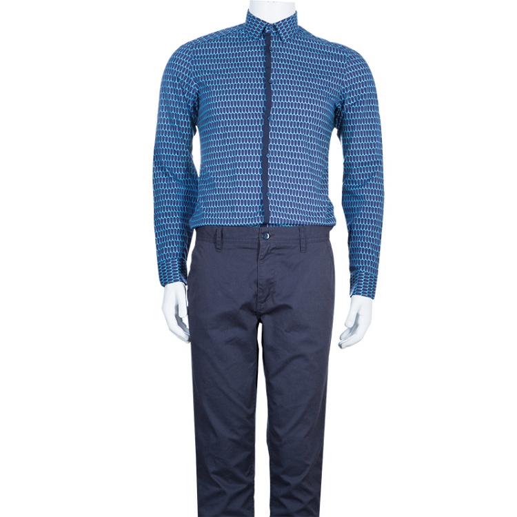 Pre Owned Kenzo Men's Blue Printed Slim Fit Long Sleeve Shirt S