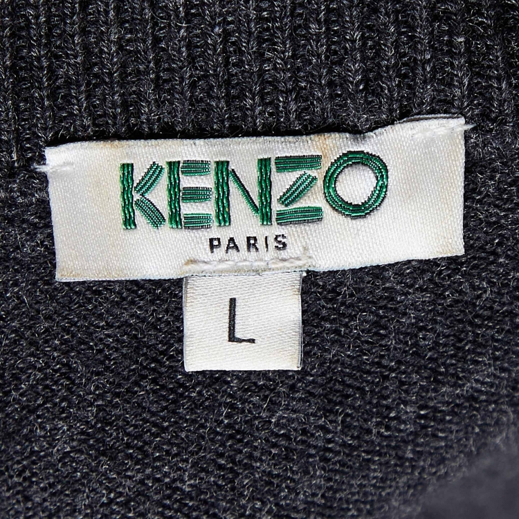Pre Owned Kenzo Grey K Color Block Wool Knit Crew Neck Sweater L