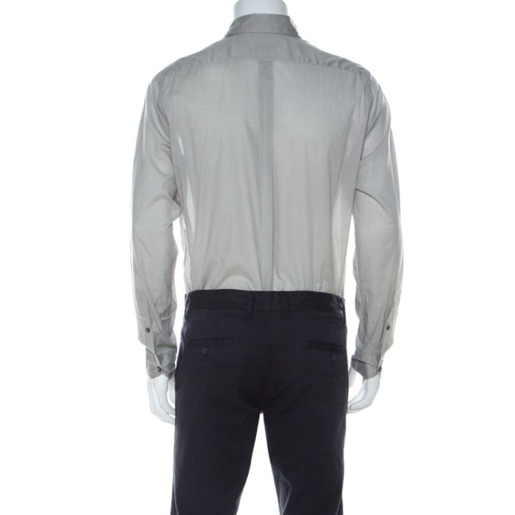 Pre Owned Lanvin Grey Cotton Pinstripe Knit Chest Pocket Full Sleeve Shirt L