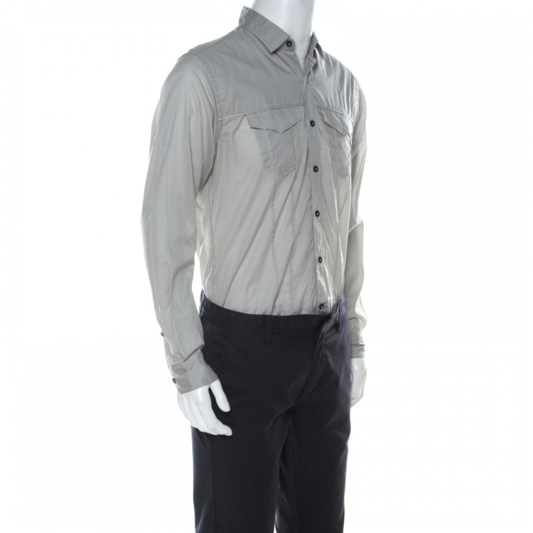 Pre Owned Lanvin Grey Cotton Pinstripe Knit Chest Pocket Full Sleeve Shirt L