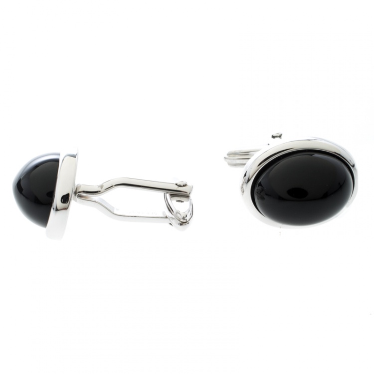 Pre Owned Lanvin Black Cabochon Silver Tone Oval Cufflinks