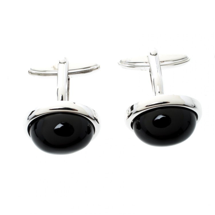 Pre Owned Lanvin Black Cabochon Silver Tone Oval Cufflinks
