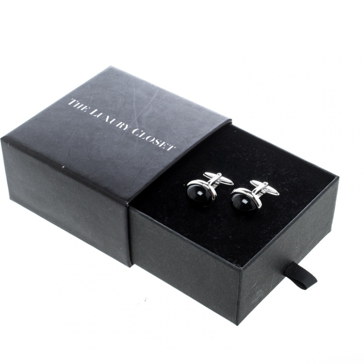 Pre Owned Lanvin Black Cabochon Silver Tone Oval Cufflinks