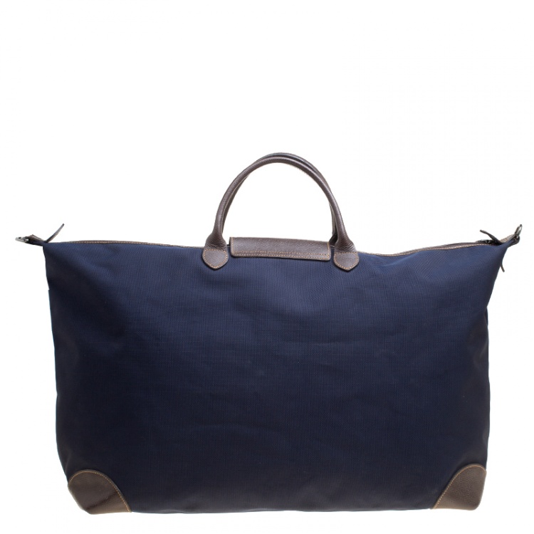 Pre Owned Longchamp Dark Blue/Brown Nylon Le Pliage Weekender