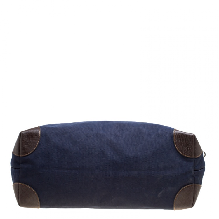 Pre Owned Longchamp Dark Blue/Brown Nylon Le Pliage Weekender