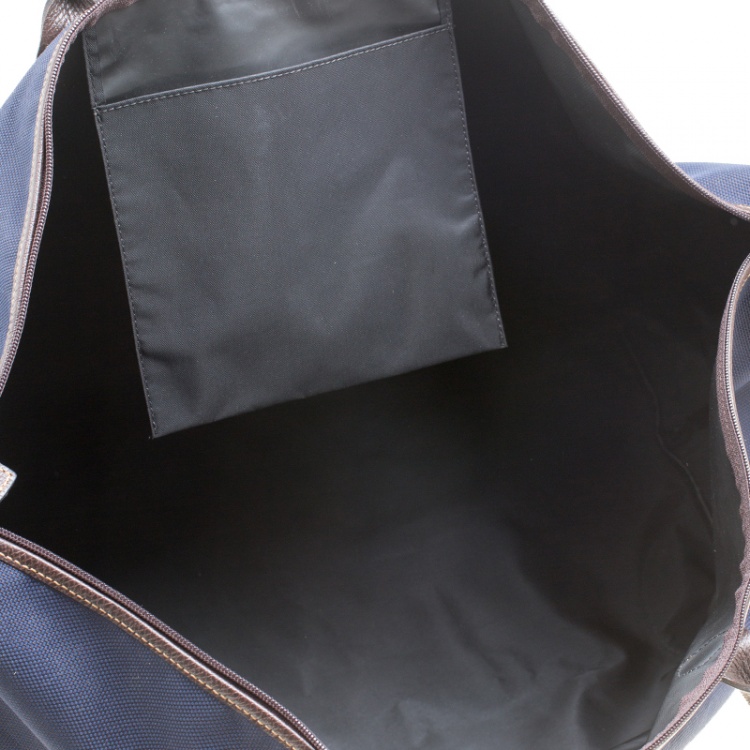 Pre Owned Longchamp Dark Blue/Brown Nylon Le Pliage Weekender