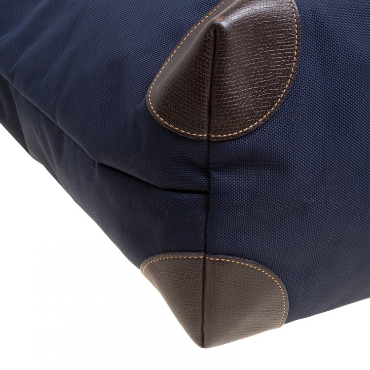 Pre Owned Longchamp Dark Blue/Brown Nylon Le Pliage Weekender