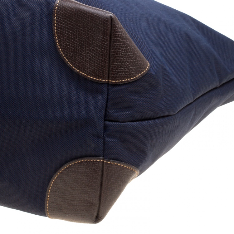 Pre Owned Longchamp Dark Blue/Brown Nylon Le Pliage Weekender