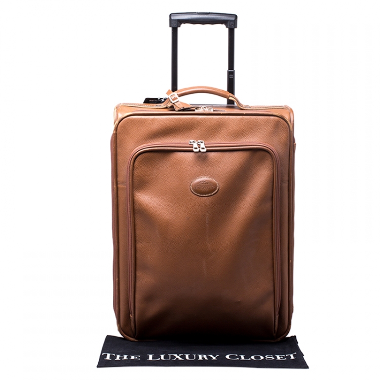 Pre Owned Longchamp Brown Leather Small Wheeled Luggage 