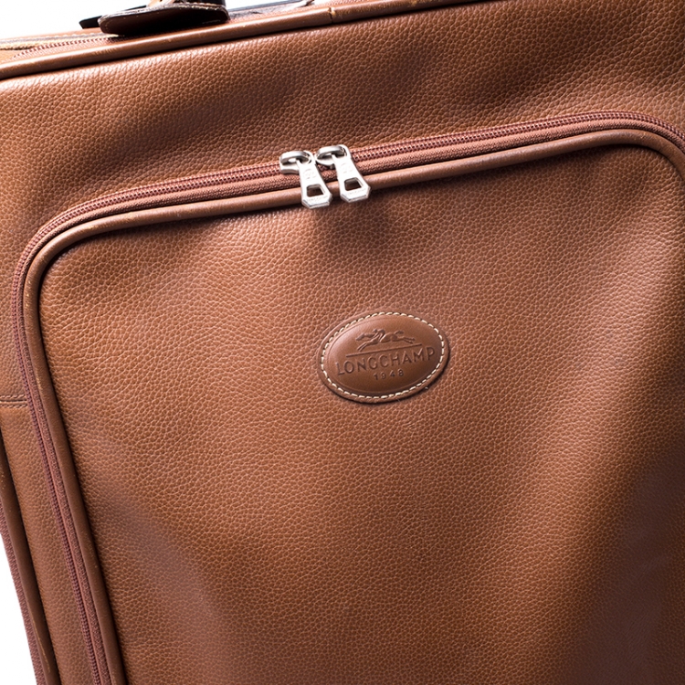 Pre Owned Longchamp Brown Leather Small Wheeled Luggage 