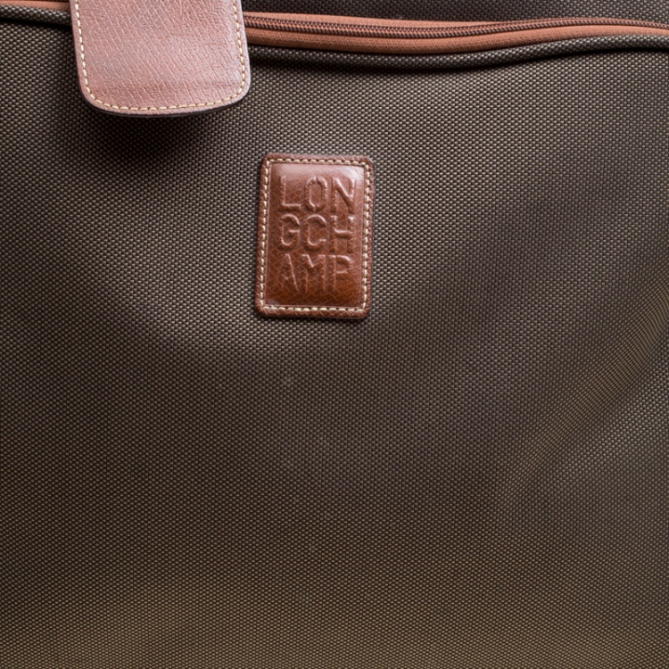 Pre Owned Longchamp Military Green/Brown Canvas Boxford Carry on Luggage