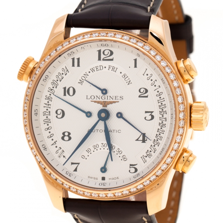 Pre Owned Longines Silver White 18K Rose Gold Diamonds Master Collection L2.717.8 Endurance Cup Men's Wristwatch 44 mm