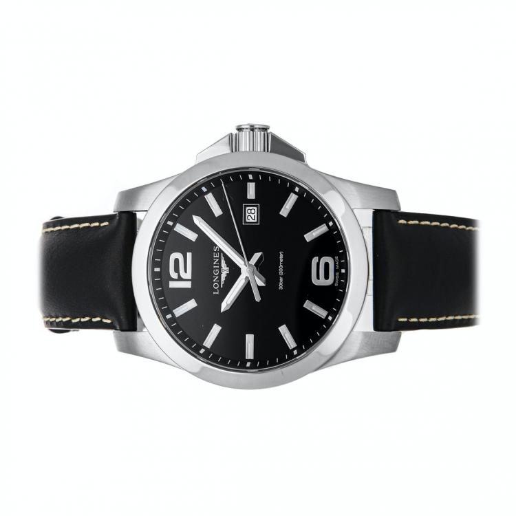 Pre Owned Longines Black Stainless Steel Conquest L3.760.4.56.3 Men's Wristwatch 43 MM