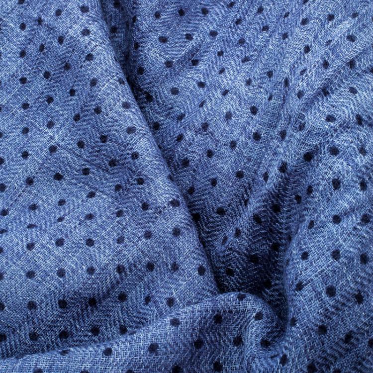 Pre Owned Loro Piana Blue Cashmere Silk Herringbone Pattern Dotted Scarf