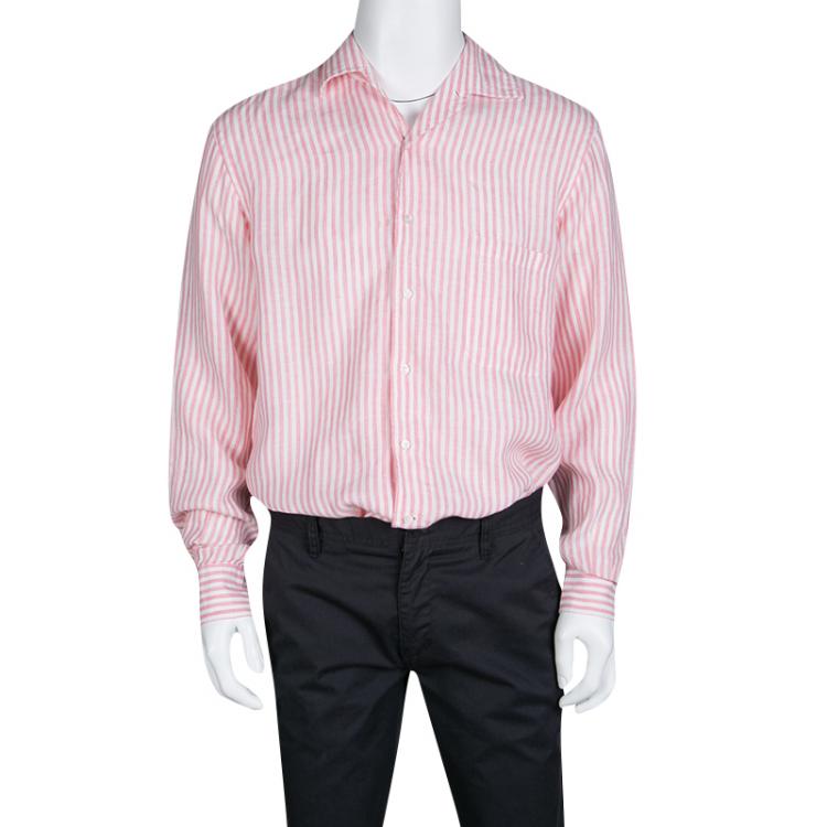 Pre Owned Loro Piana Pink and White Striped Linen Button Front Shirt L