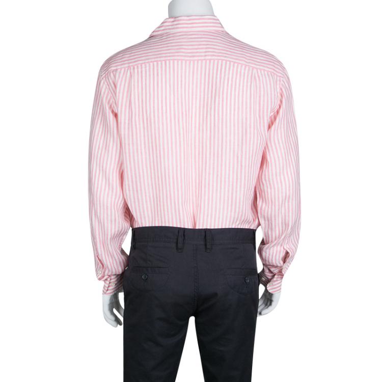 Pre Owned Loro Piana Pink and White Striped Linen Button Front Shirt L