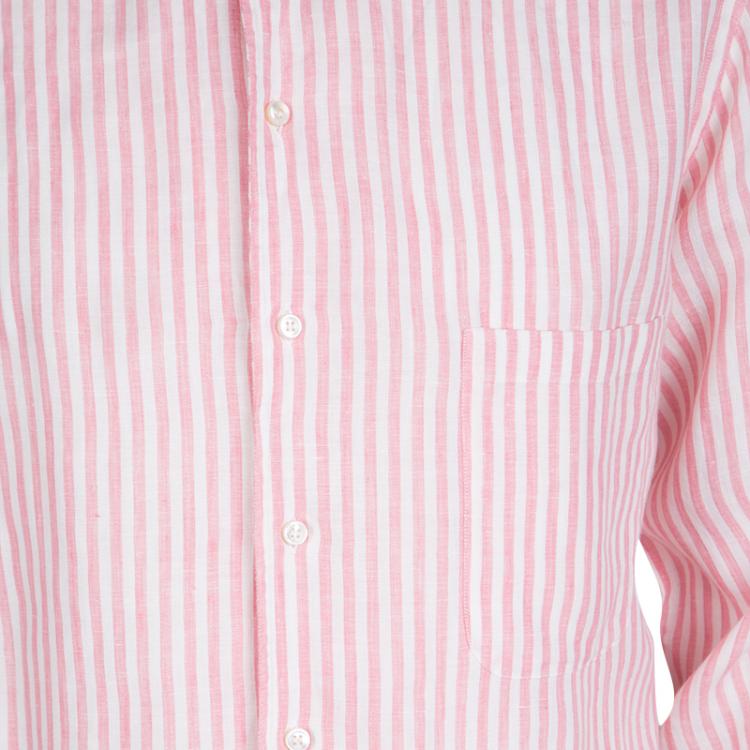 Pre Owned Loro Piana Pink and White Striped Linen Button Front Shirt L