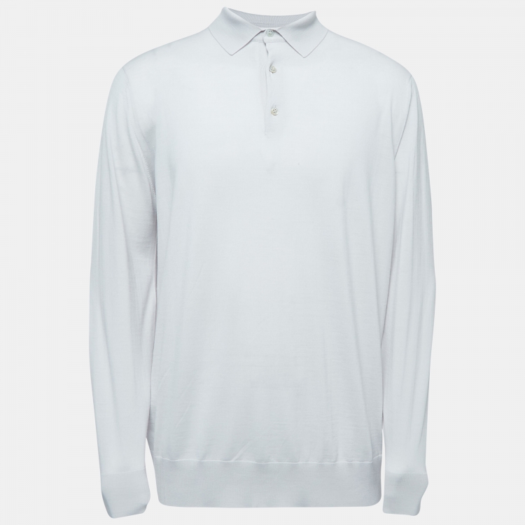 Pre Owned Loro Piana Light Grey Wool Long Sleeve Polo T-Shirt 3XL