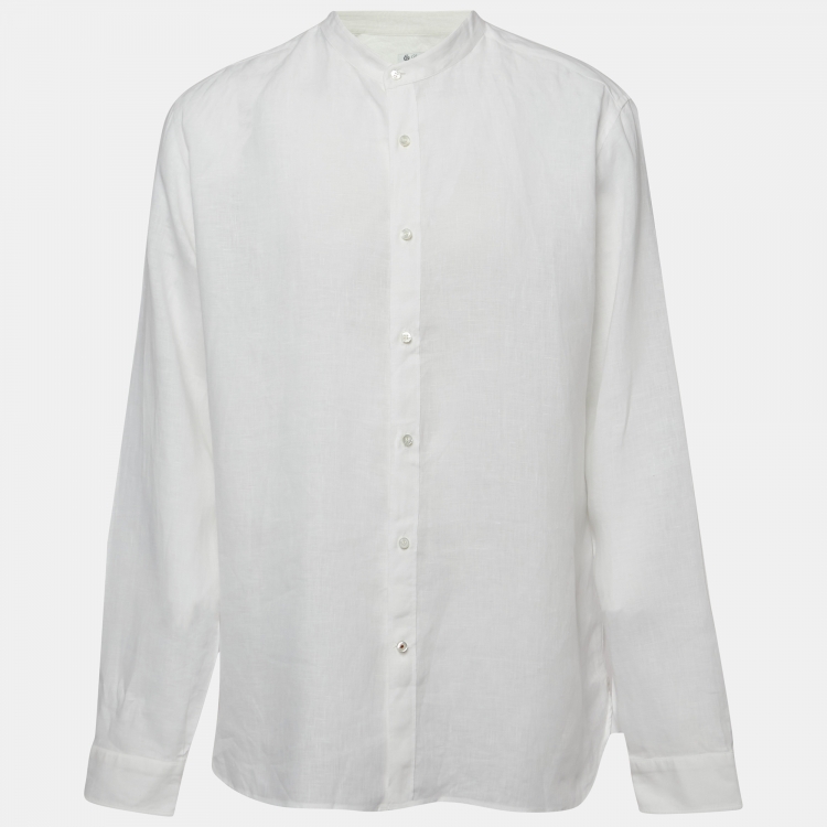 Pre Owned Loro Piana White Linen Round Neck Long Sleeve Shirt 2XL