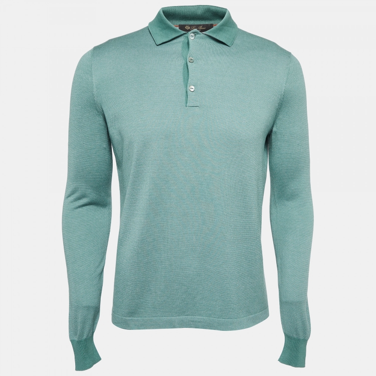 Pre Owned Loro Piana Green Silk Knit Long Sleeve Polo T-Shirt M
