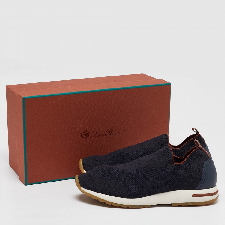 Pre Owned Loro Piana Navy Blue Knit Fabric 360 LP Flexy Walk Sneakers Size 42
