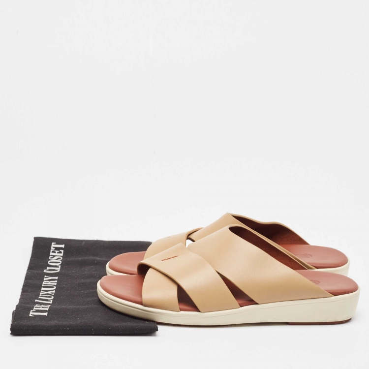 Pre Owned Loro Piana Brown Leather Slide Sandals Size 42.5