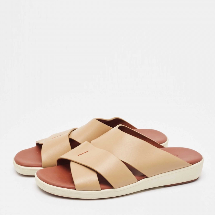 Pre Owned Loro Piana Brown Leather Slide Sandals Size 42.5