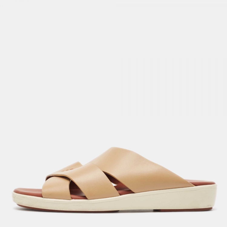 Pre Owned Loro Piana Brown Leather Slide Sandals Size 42.5