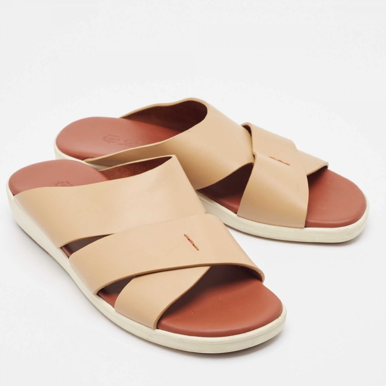 Pre Owned Loro Piana Brown Leather Slide Sandals Size 42.5