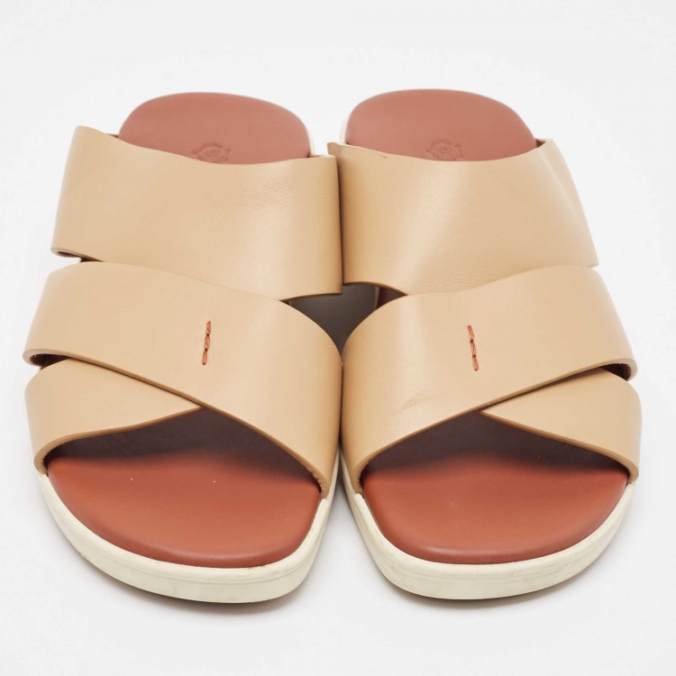 Pre Owned Loro Piana Brown Leather Slide Sandals Size 42.5