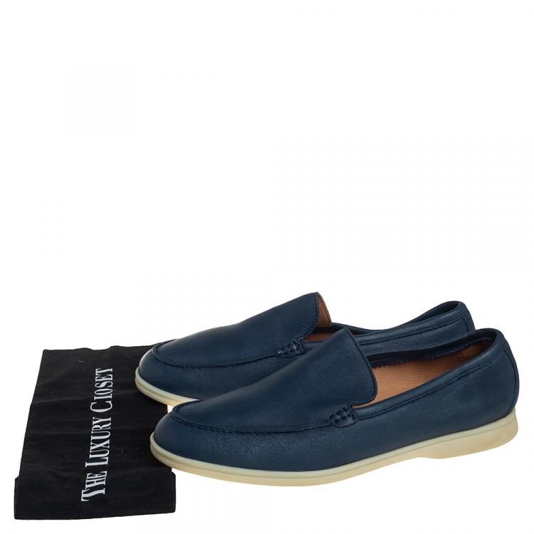 Pre Owned Loro Piana Blue Leather Summer Walk Slip On Loafers Size 44
