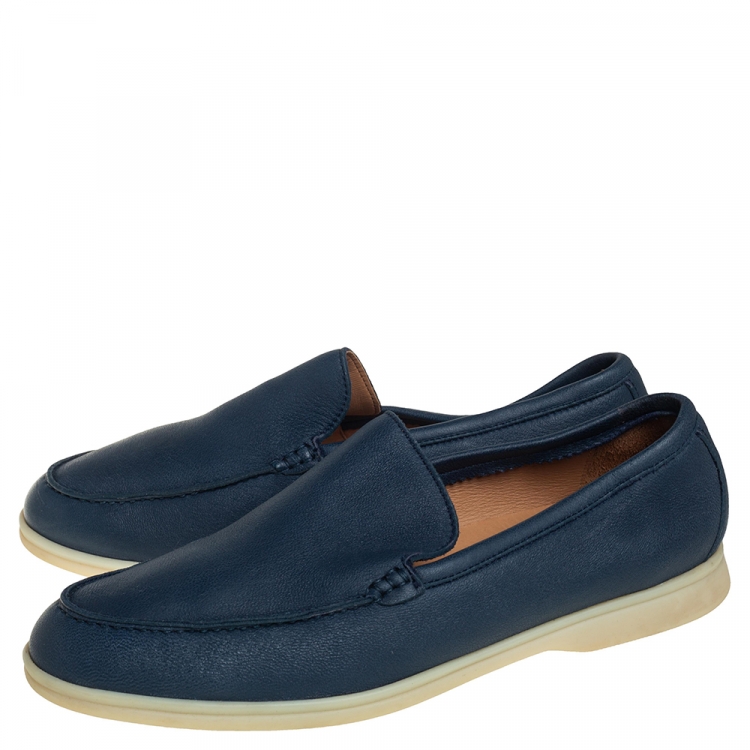 Pre Owned Loro Piana Blue Leather Summer Walk Slip On Loafers Size 44