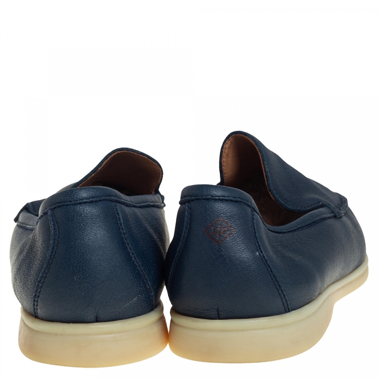 Pre Owned Loro Piana Blue Leather Summer Walk Slip On Loafers Size 44