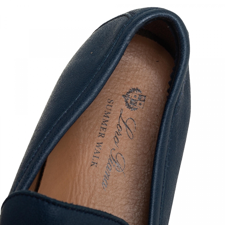 Pre Owned Loro Piana Blue Leather Summer Walk Slip On Loafers Size 44