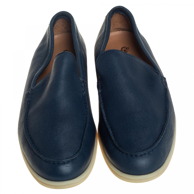Pre Owned Loro Piana Blue Leather Summer Walk Slip On Loafers Size 44