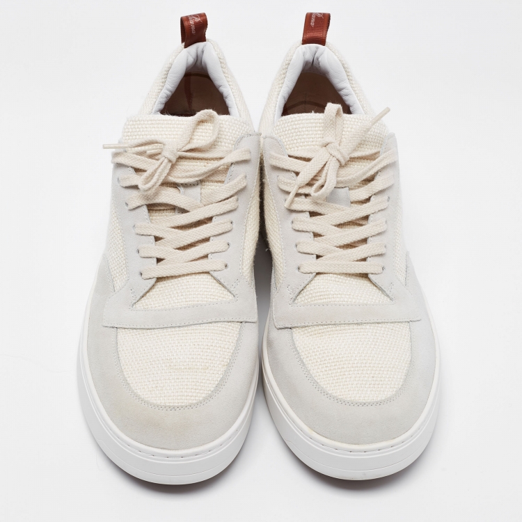 Pre Owned Loro Piana White/Grey Suede And Fabric Newport Walk Low Top Sneakers Size 43