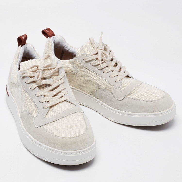 Pre Owned Loro Piana White/Grey Suede And Fabric Newport Walk Low Top Sneakers Size 43