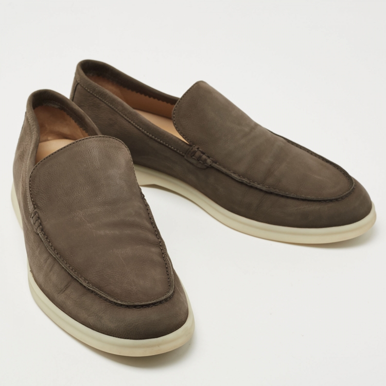 مملوكة مسبقًا Loro Piana Olive Green Nubuck Summer Walks Loafers Size 42