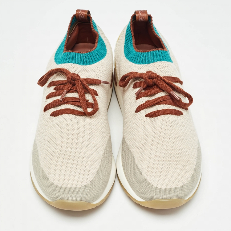 Pre Owned Loro Piana Cream/Grey Knit Fabric Flexy Walker Sneakers Size 41