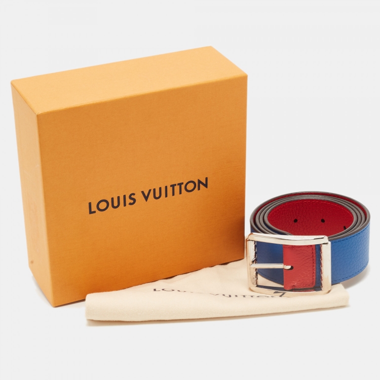 Pre Owned Louis Vuitton Red/Blue Taurillon Leather Logo Reversible Buckle Belt 95CM