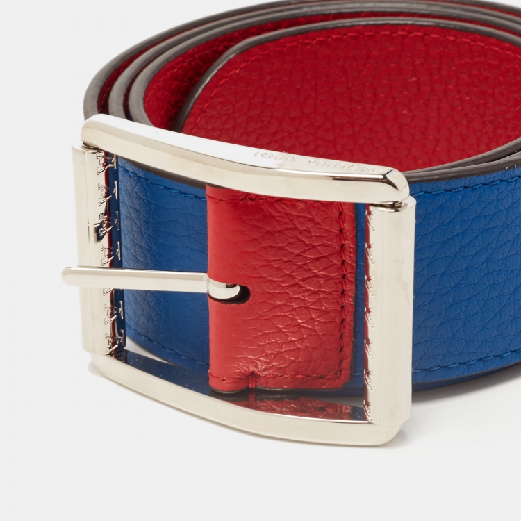 Pre Owned Louis Vuitton Red/Blue Taurillon Leather Logo Reversible Buckle Belt 95CM