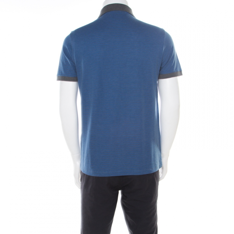 Pre Owned Louis Vuitton Blue and Grey Horizontal Striped Polo T-Shirt M