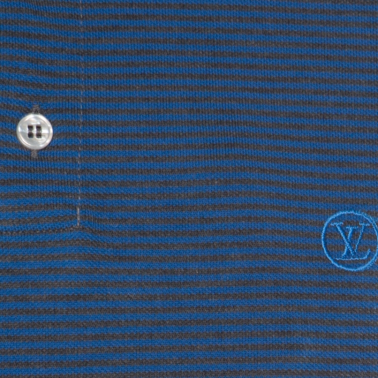 Pre Owned Louis Vuitton Blue and Grey Horizontal Striped Polo T-Shirt M