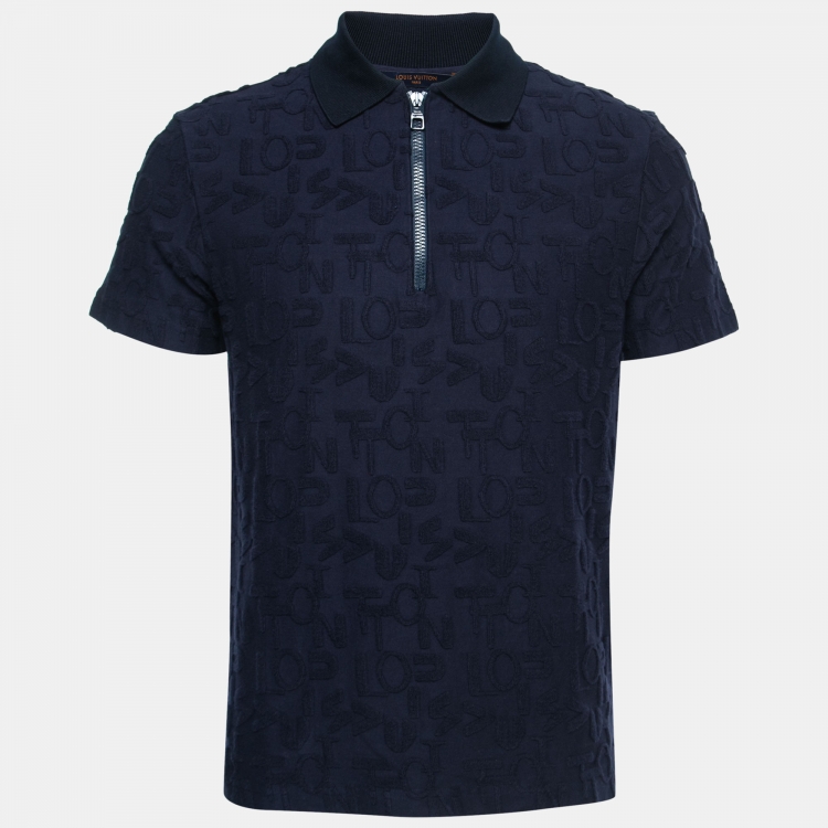 Pre Owned Louis Vuitton Navy Blue Logo Jacquard Terry Polo T-Shirt XS