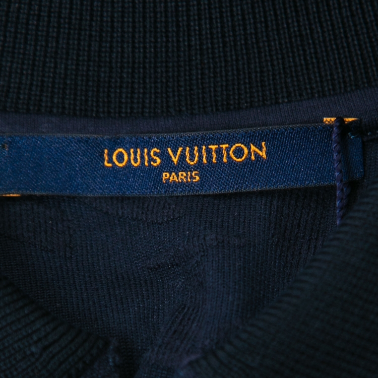 Pre Owned Louis Vuitton Navy Blue Logo Jacquard Terry Polo T-Shirt XS